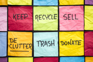 Declutter Concept Keep Recycle Trash Sell Donate Handwriting On Color Sticky Notes