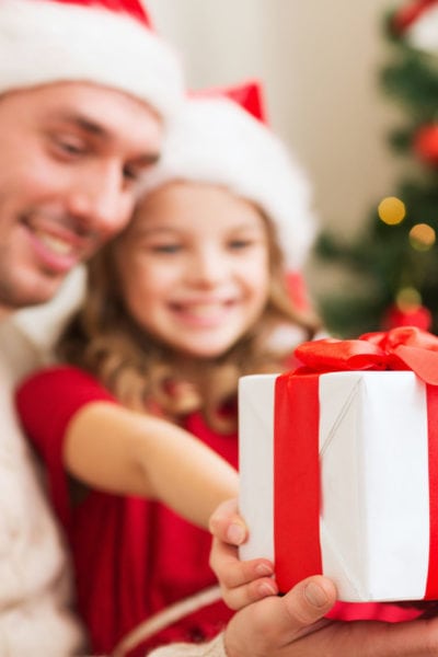 Family Christmas Holidays Happiness And People Concept Close Up Of Smiling Daughter Giving Father Gift Box