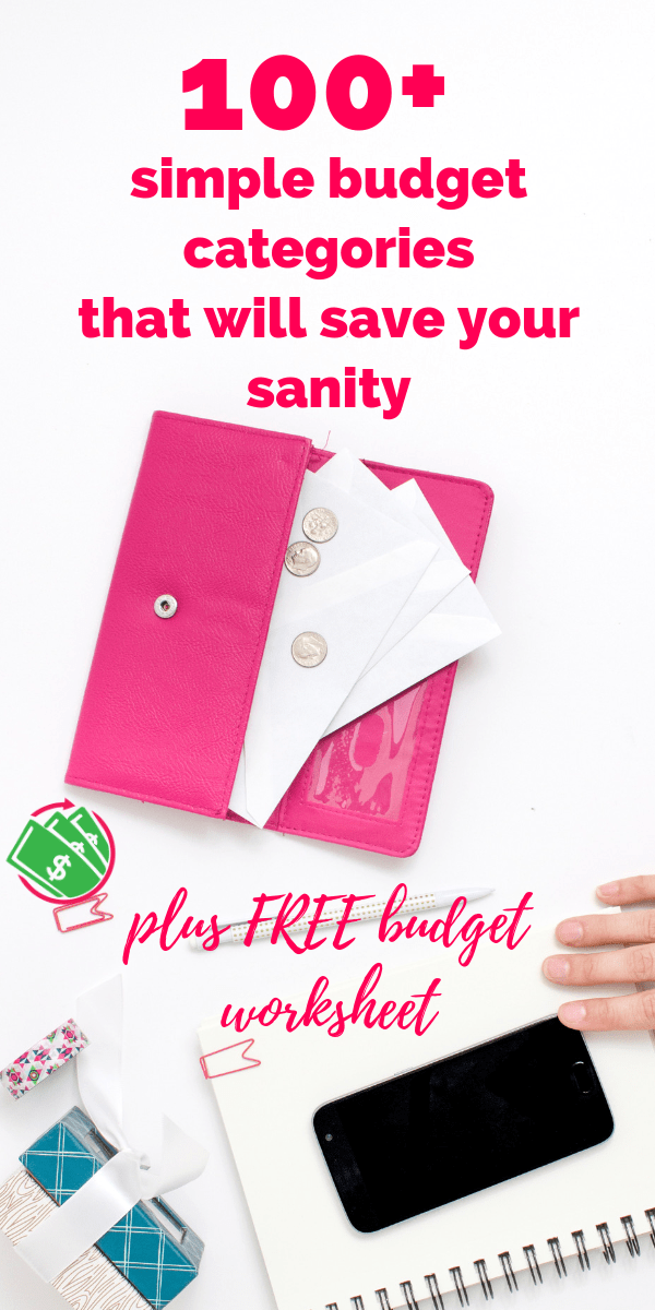 100+ simple monthly budget categories for families. These budget category ideas will help you figure out your cash envelopes, personal expenses, and household categories with simple tips and ideas. Plus it follows the Dave Ramsey plan and you get a FREE budget worksheet printable. #budget #printable #daveramsey