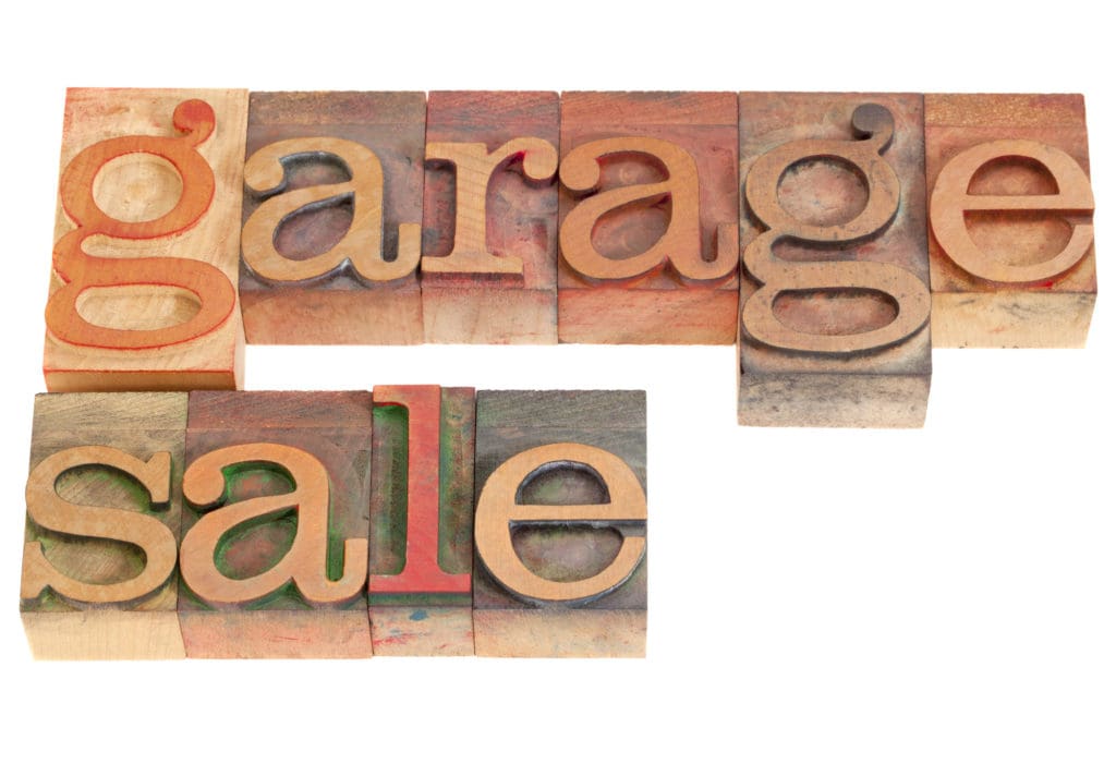 Garage Sale Words In Vintage Grunge Wood Letterpress Printing Blocks Isolated On White