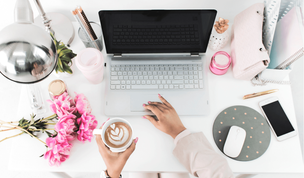 desk with pink flowers