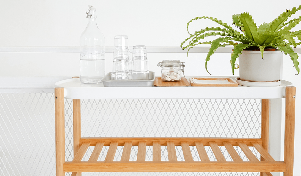 butler cart with glass and plant