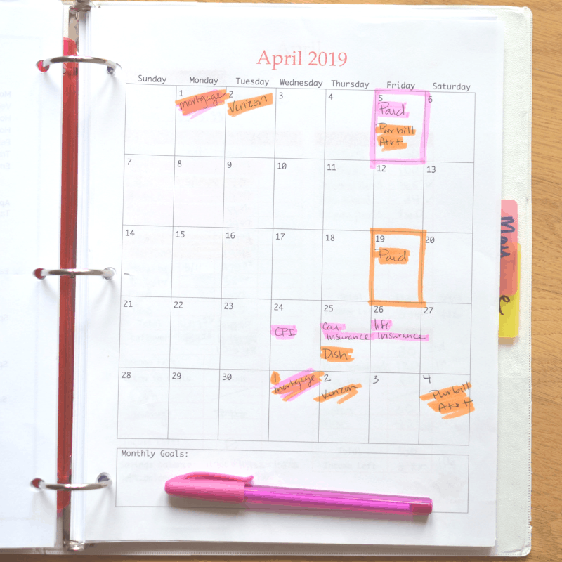 budget calendar for the month of April example