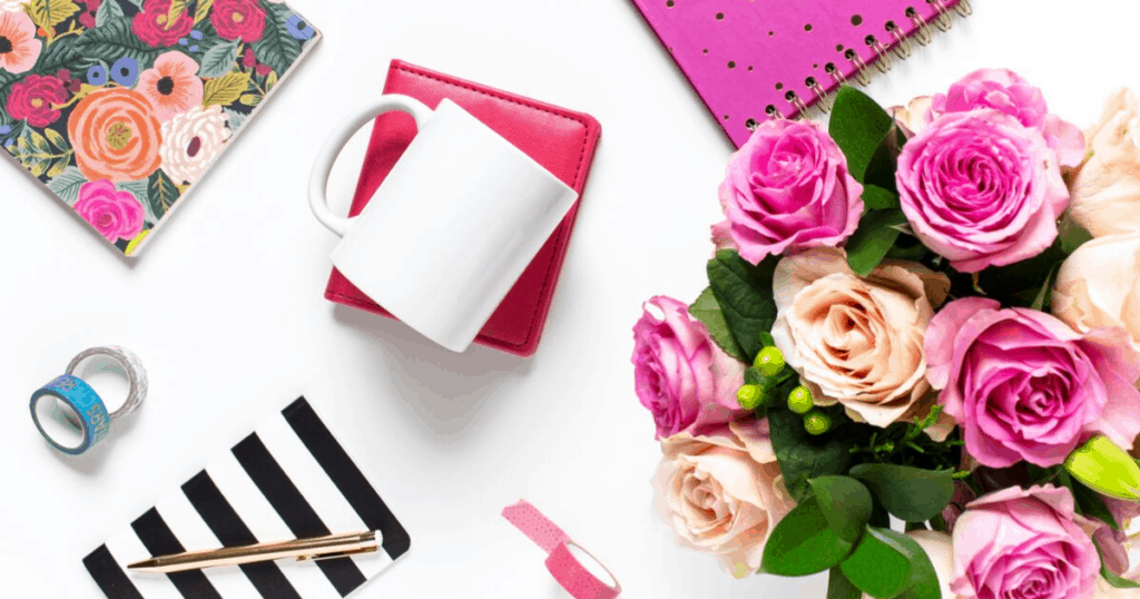 coffee mug and pink flowers