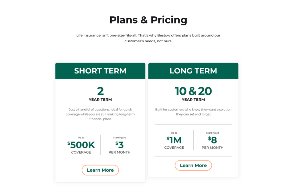 bestow insurance plans and pricing