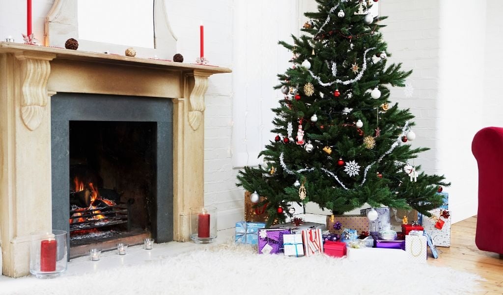 christmas tree and fireplace