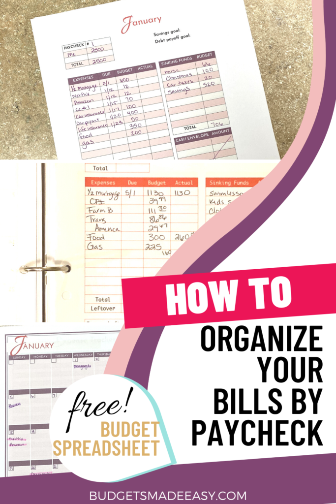 How to manage your money better by organizing your bills by paycheck. Plus a free money management printables and templates for a monthly budget system. Even if you follow Dave Ramsey. Budgeting by paycheck just got easier with this paycheck budget spreadsheet that's free!