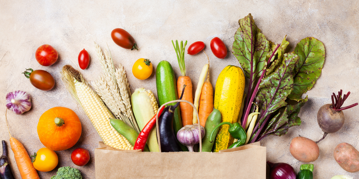 Bag of groceries overflowing onto counter