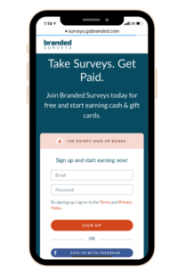 Smart phone with website Branded Surveys shown on the screen