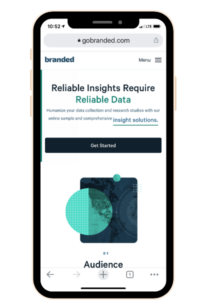Smart phone with website Branded Research shown on the screen