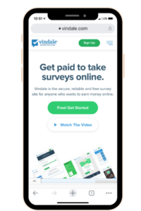 Smart phone with website Vindale Research shown on the screen