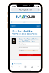 Smart phone with website Survey Club shown on the screen