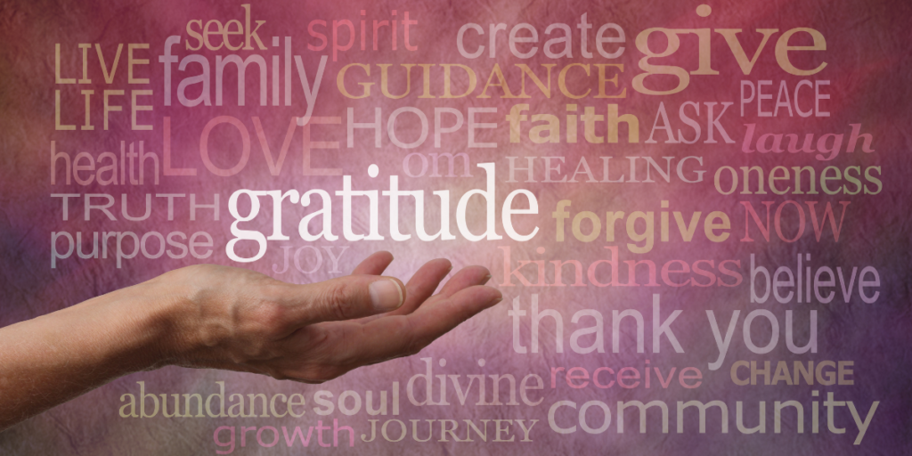 Many words on a purple background with gratitude being the keyword in white hovering over a hand reminding us have gratitude, change money mindset and secure a financial future.