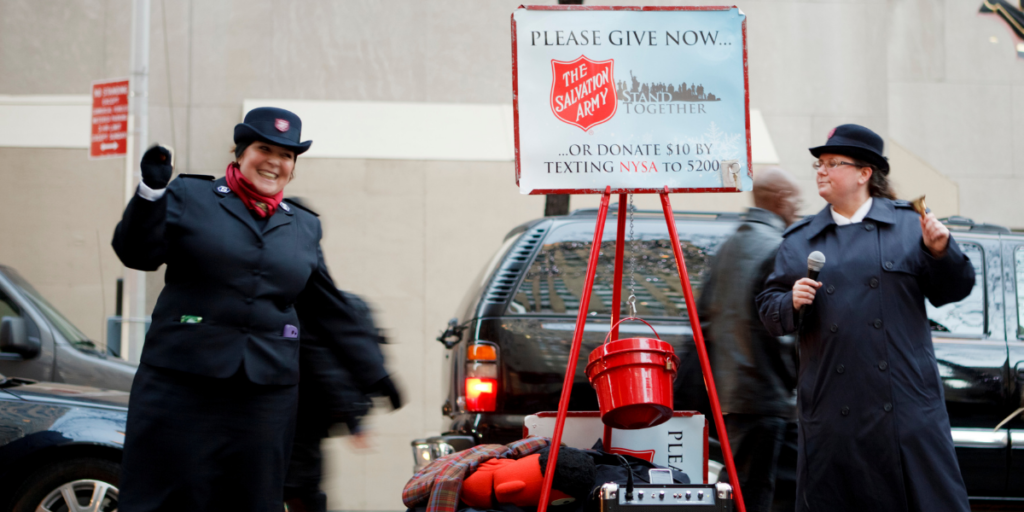 salvation army bell ringers raising money for free christmas gifts