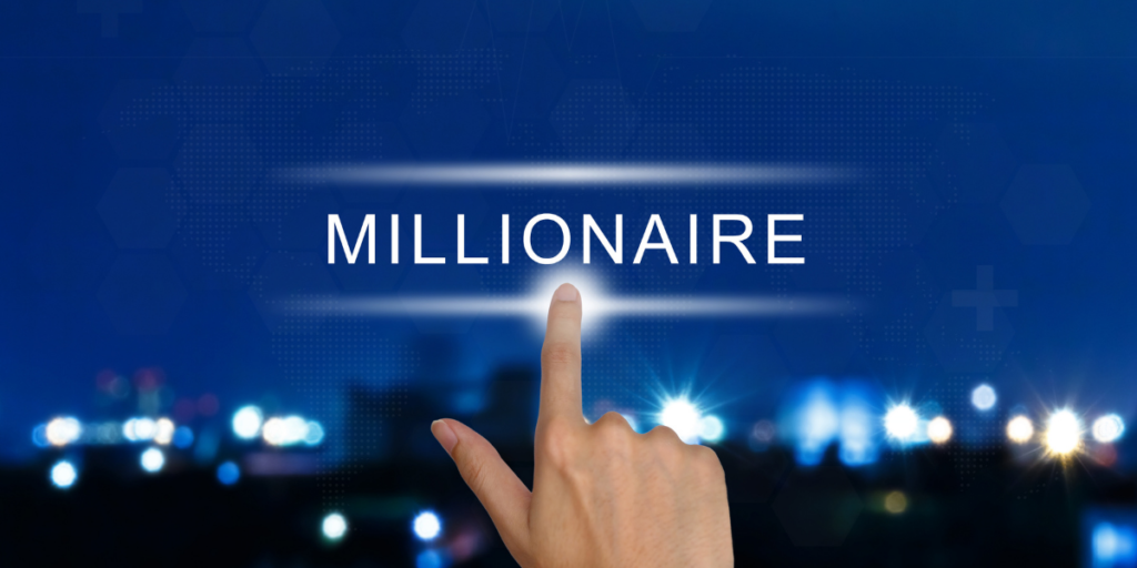 How to become a millionaire with a finger touching the word millionaire. 