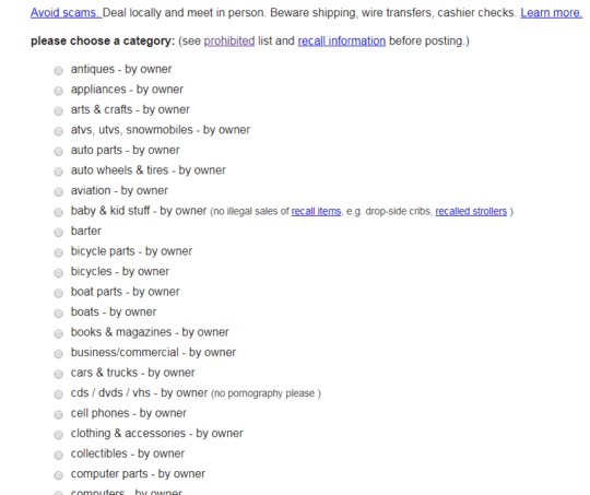 Craigslist posts sub categories
