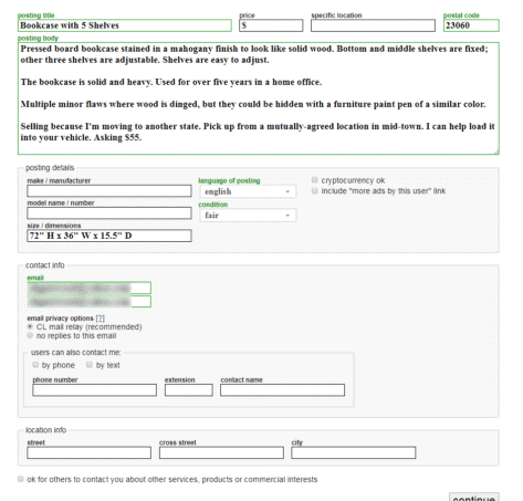 Craigslist information for your sale posts