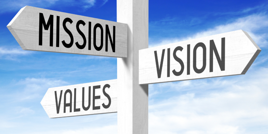 A road sign with mission, vision and values on arrows pointing in different directions as key reminders to stick to your budget.  
