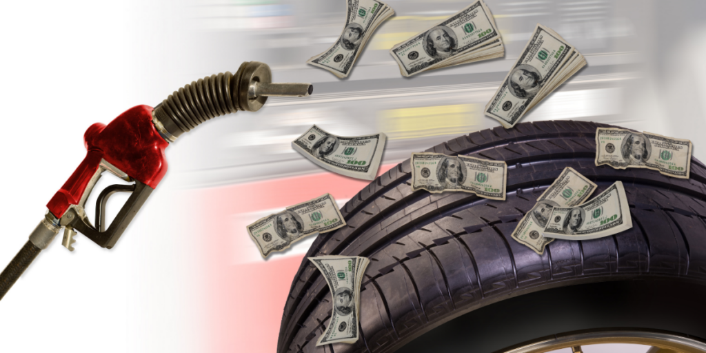 Gas pump nozzle with money flying out of it over a car tire.