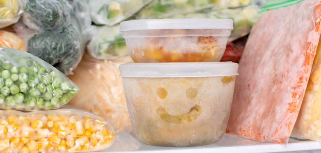 Frozen vegetables, soup, ready meals in the freezer.