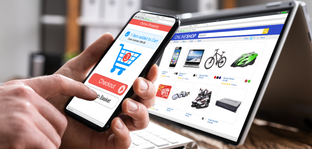 Online Ecommerce website store shopping on laptop and cellphone.