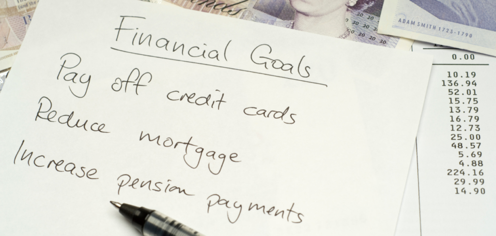 A list of financial goals with UK banknote and financial transaction in the background.