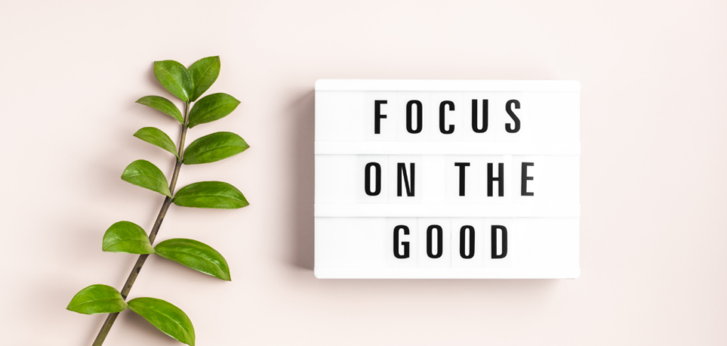 Lightbox displaying the text 'Focus on the good' against a pink background, with a branch of leaves.