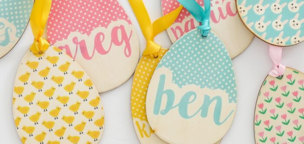 Pastel-colored personalized Easter basket tags. 
