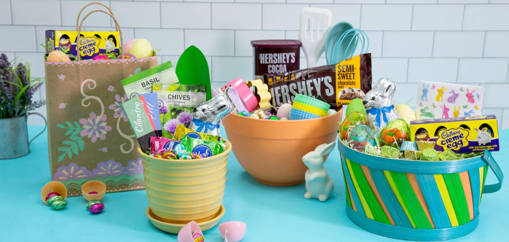 An assortment of homemade Easter baskets on a blue table.
