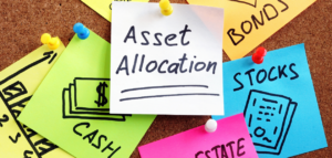 A colorful corkboard filled with sticky notes labeled 'Asset Allocation,' 'Cash,' 'Stocks,' 'Bonds,' and 'Real Estate.’