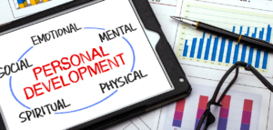 A tablet displaying the words 'Personal Development' surrounded by words like Emotional, Mental, Physical, Spiritual, and Social. The tablet rests on a desk with charts, a pen, and glasses.