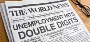 Newspaper headline reading 'Unemployment Hits Double Digits' with a pair of eyeglasses on a wooden desk.