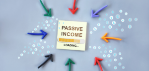 Colorful arrows pointing toward a sticky note that says ‘Passive Income Loading…’ surrounded by various currency symbols.