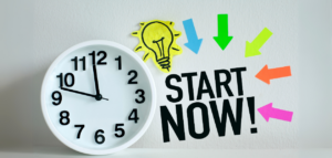 A white clock next to the words "START NOW!" with arrows and a lightbulb image pointing towards the text.