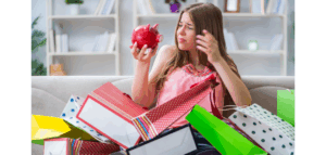 A woman sitting on a couch with many shopping bags