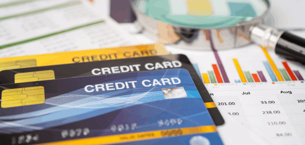 A close-up of three credit cards on a financial report, with a magnifying glass, pen, and visible charts. 