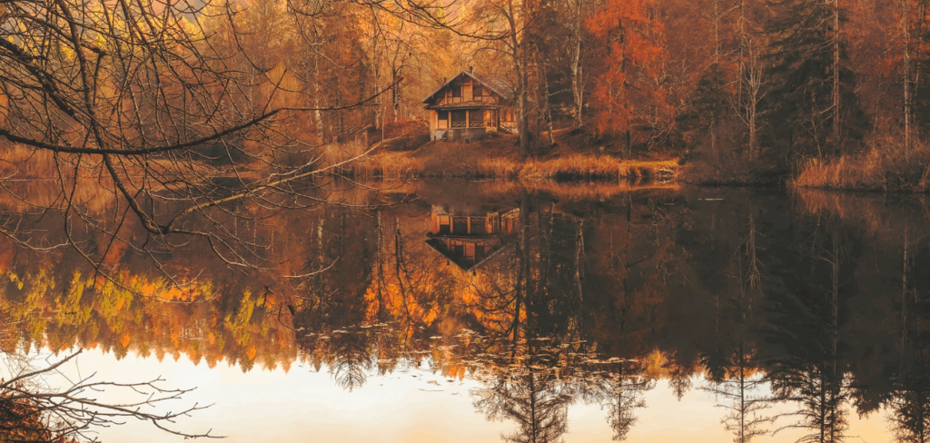cabin on the lake in the woods during fall