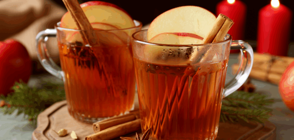 warm apple cider in two glass cups, a perfect drink for the fall